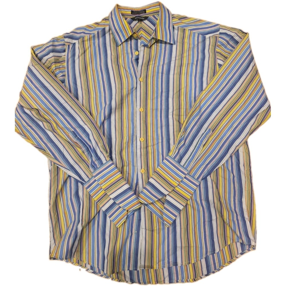 Elliott Men Large L Striped Button Down Dress Shirt Long Sleeve Yellow Blue